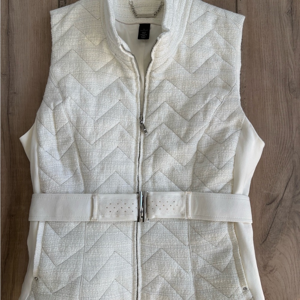 White House Black Market Cream Quilted Vest with Belt.